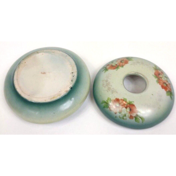 Antique Porcelain Hair Receiver Green Floral Vanity Decor 2 Piece Marked #77 - Picture 6 of 9